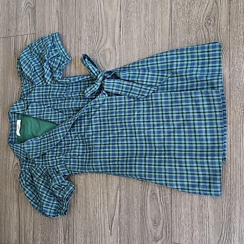 LIKELY Blue-Green Plaid Puff Sleeve Wrap Dress